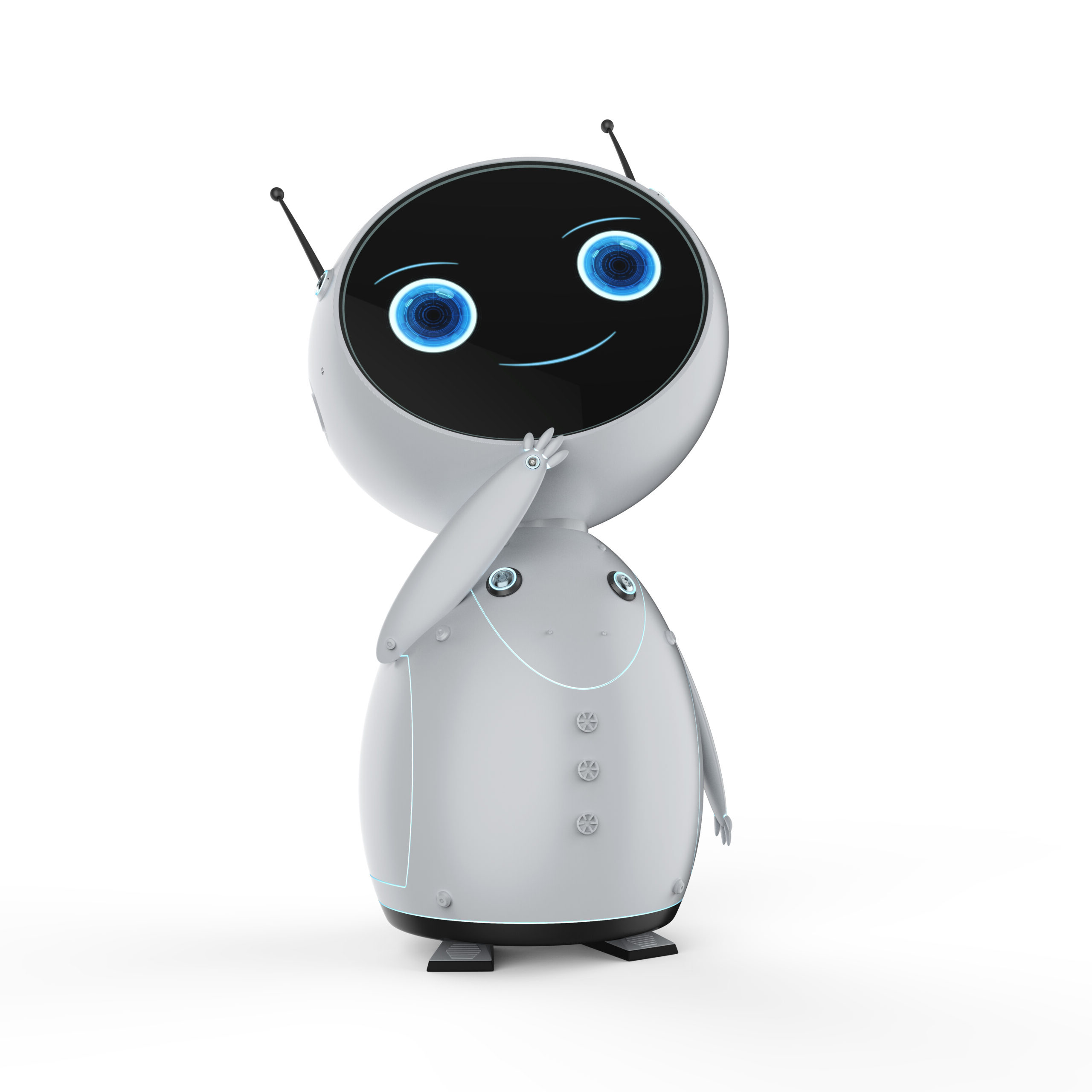 3d rendering cute artificial intelligence robot with cartoon character thinking