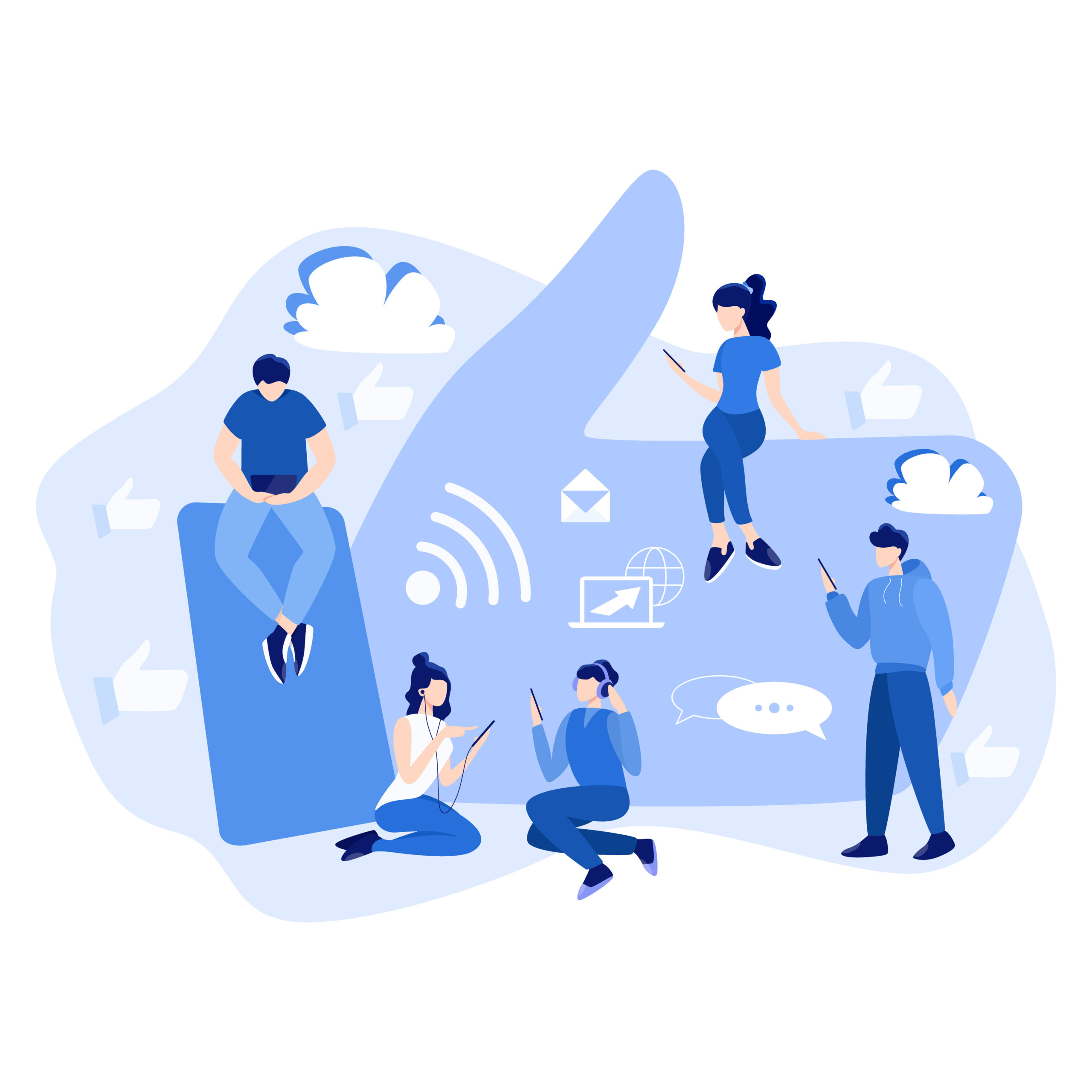 Social media concept. Using network for posting and sharing content. Internet communication and global connection. Isolated flat illustration